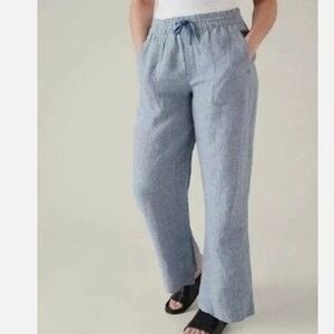 Athleta Retreat Linen Wide Leg Pants Blue Chambray Drawstring 10 Relaxed Fit